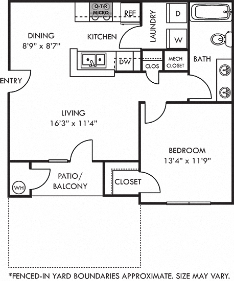 Floor plan for 1 bed, 1 bath, 704 sqft